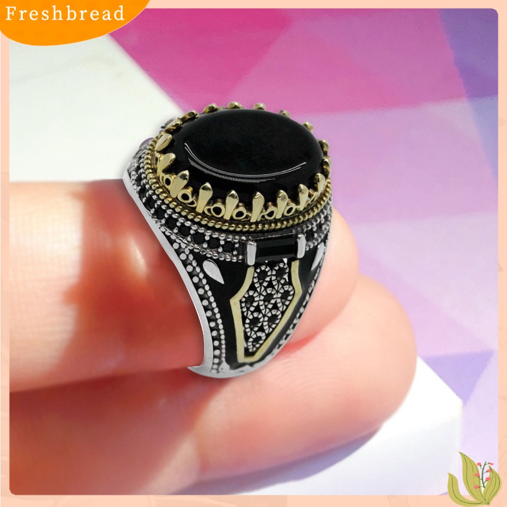 &lt; Freshbread &gt; Pria Cincin Vintage Punk Logam Ukiran Pola Kuno Two Tone Dekoratif Hadiah Batu Akik Imitasi Bertatahkan Laki-Laki Pesta Cincin Perhiasan Pernikahan