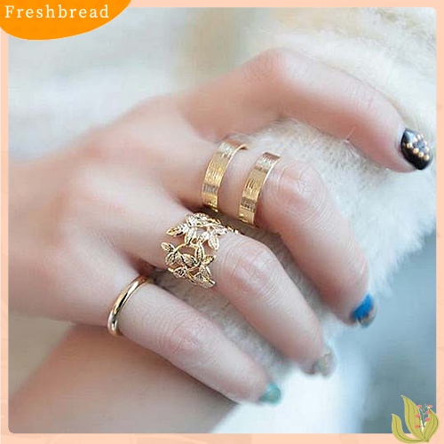 &lt; Freshbread &gt; 3Pcs Leaf Midi Finger Rings Set Perak Emas Tumpuk Diatas Knuckle Band Rings