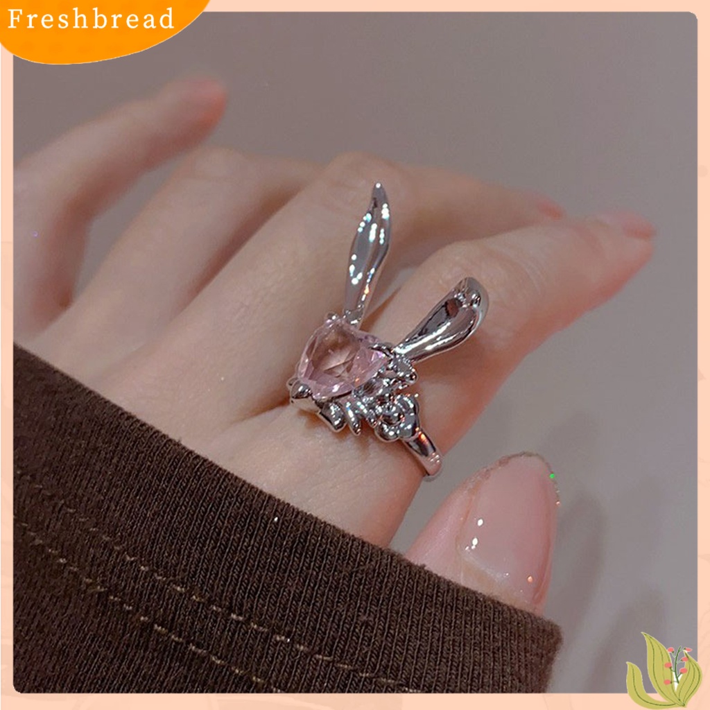 &lt; Freshbread &gt; Cincin Jari Adjustable Indah Berlian Imitasi Merah Muda Hati Indah Telinga Kelinci Wanita Jari Cincin Hadiah Hari Valentine