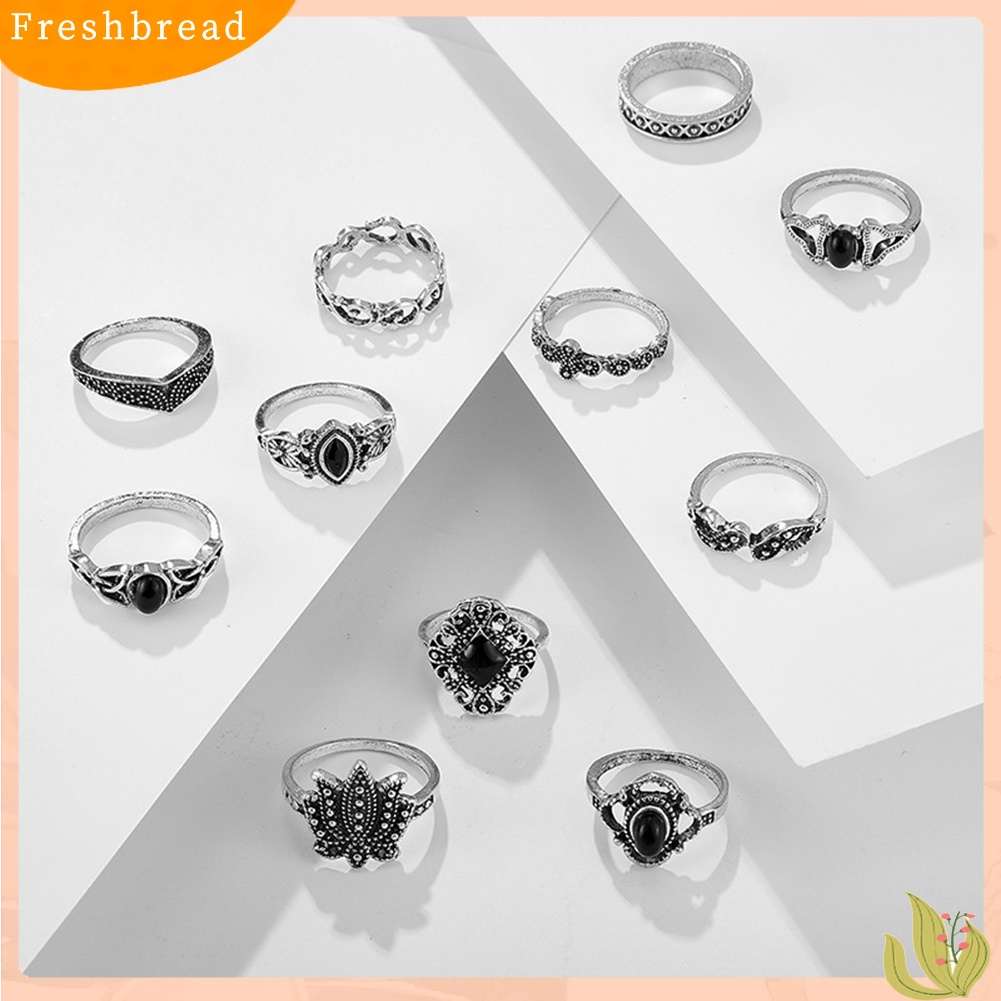 &lt; Freshbread &gt; 11Pcs Wanita Faux Gemstone Ukiran Hollow Waterdrop Lotus Finger Rings Perhiasan