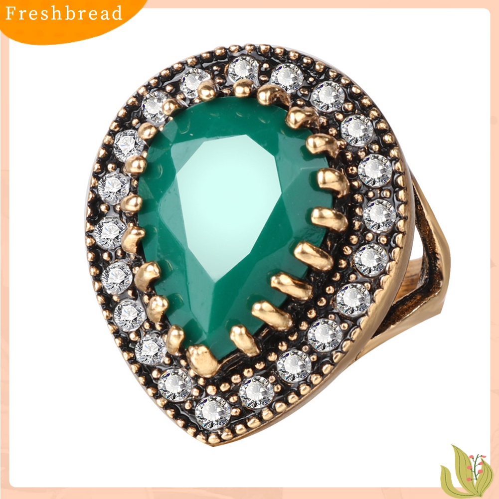 &lt; Freshbread &gt; Antik Teardrop Resin Berlian Imitasi Mengkilap Bertatahkan Jari Cincin Wanita Perhiasan Hadiah