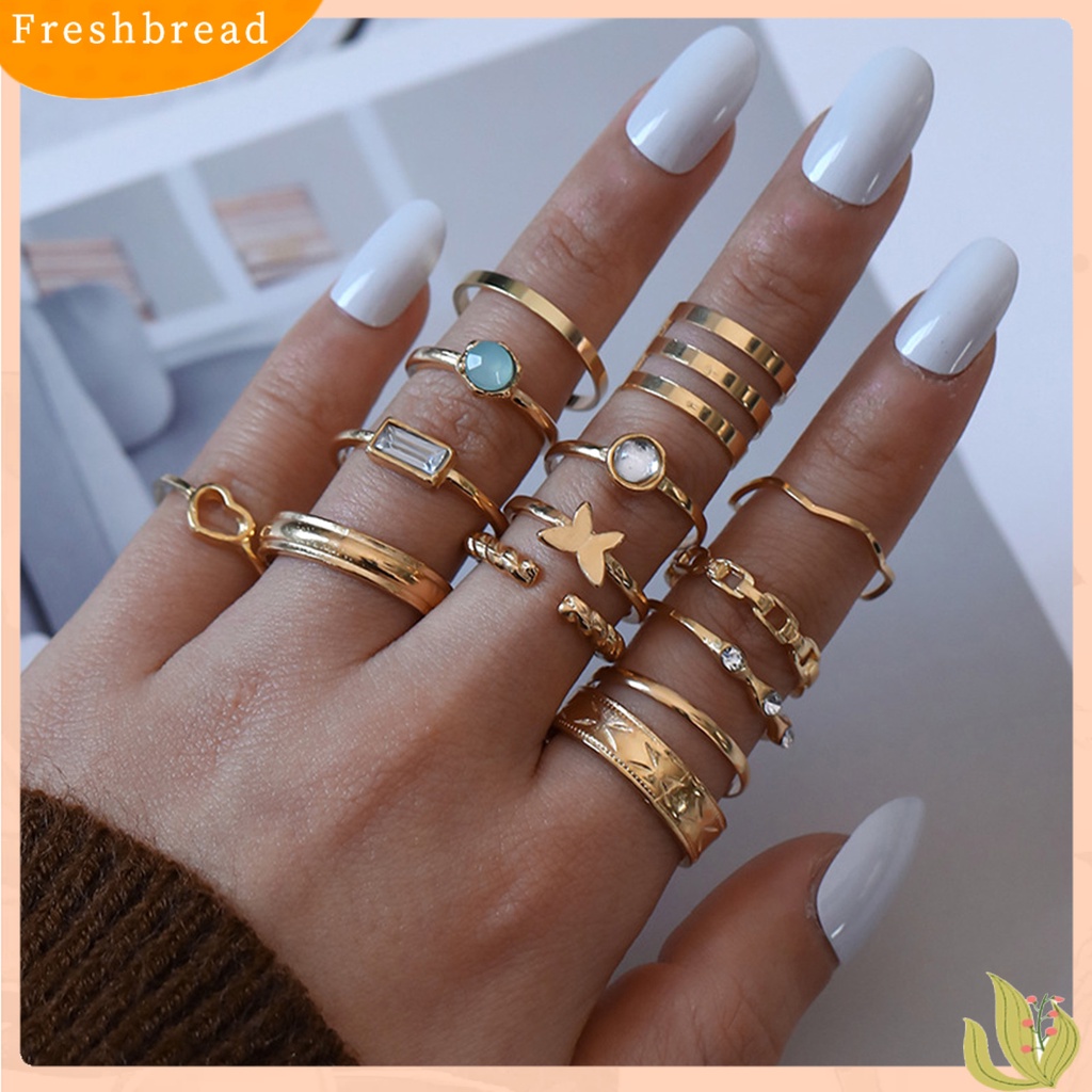 &lt; Freshbread &gt; 14 Pcs Knuckle Rings Heart Bright Luster Unisex Electroplating Stackable Knuckle Rings Aksesoris Perhiasan