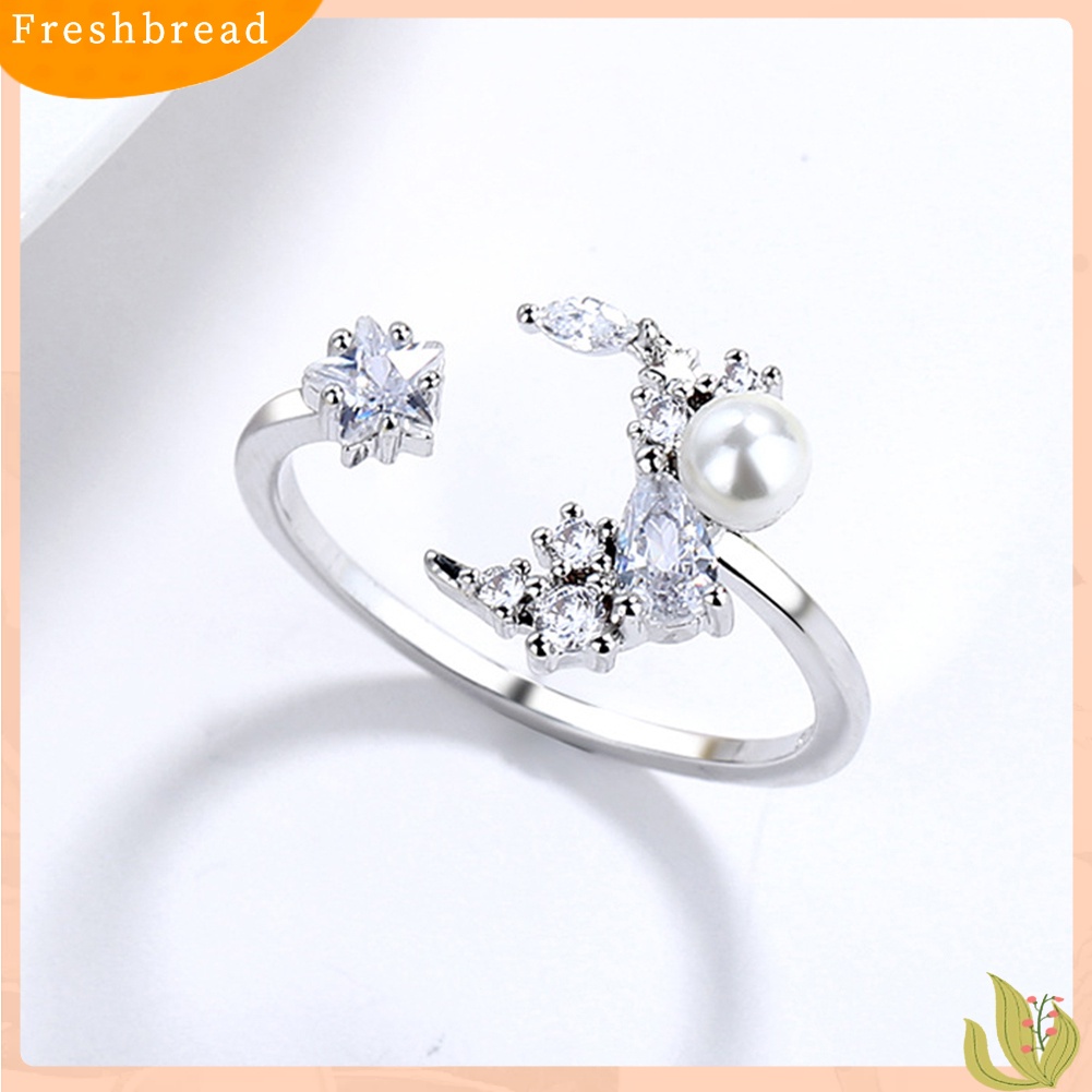 &lt; Freshbread &gt; Wanita Cubic Zirconia Mutiara Imitasi Bulan Bintang Terbuka Jari Cincin Perhiasan Yang Dapat Disesuaikan