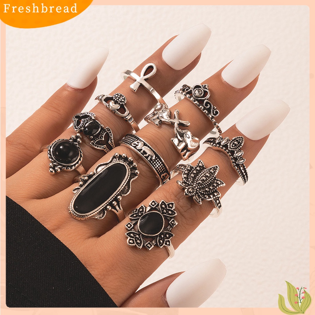 &lt; Freshbread &gt; 11Pcs/set Cincin Buku Jari Jantung Dapat Ditumpuk Paduan Bohemia Hitam Permata Imitasi Jari Rings Perhiasan Aksesori