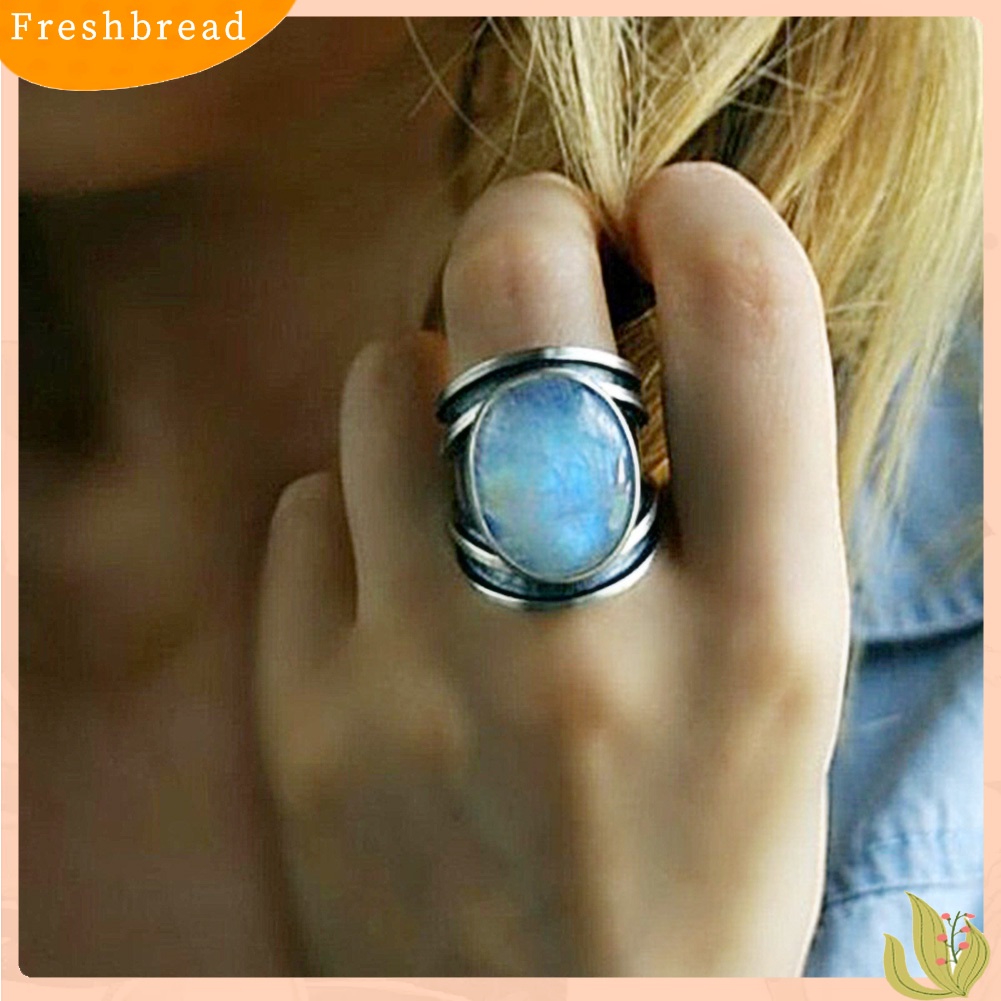 &lt; Freshbread &gt; Antik Oval Besar Imitasi Moonstone Jari Cincin Wanita Perhiasan Pernikahan Ulang Tahun