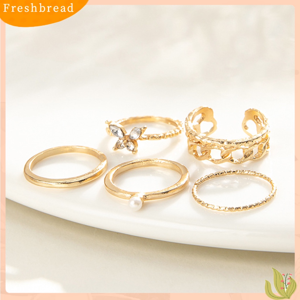 &lt; Freshbread &gt; 5pcs/Set Cincin Buku Jari Set Bentuk Kupu-Kupu Mutiara Imitasi Berongga Keluar Gaya Vintage Jari Cincin Set Perhiasan Wanita