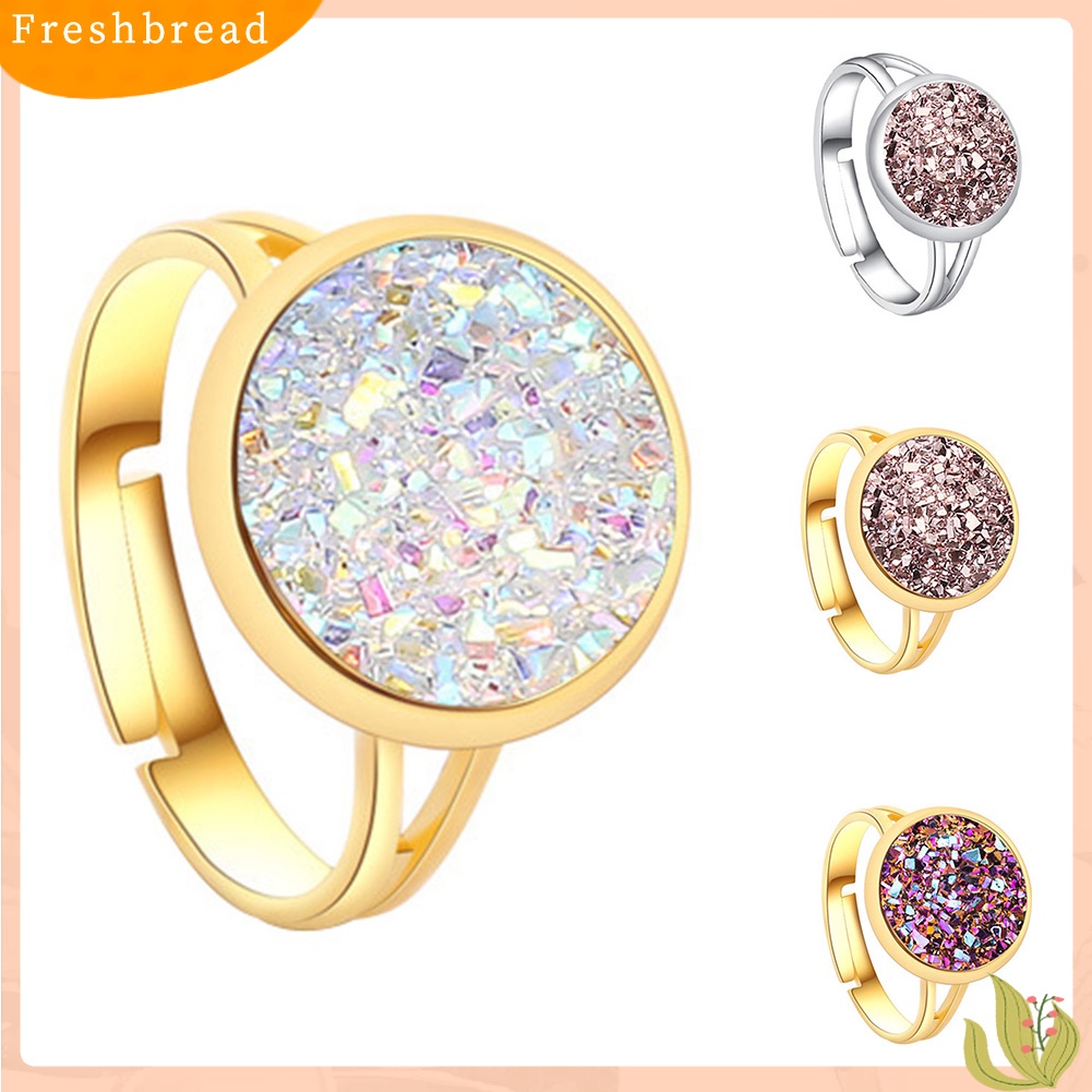 &lt; Freshbread &gt; Fashion Wanita Bulat Pelangi Druzy Terbuka Jari Cincin Adjustable Pesta Perhiasan Hadiah