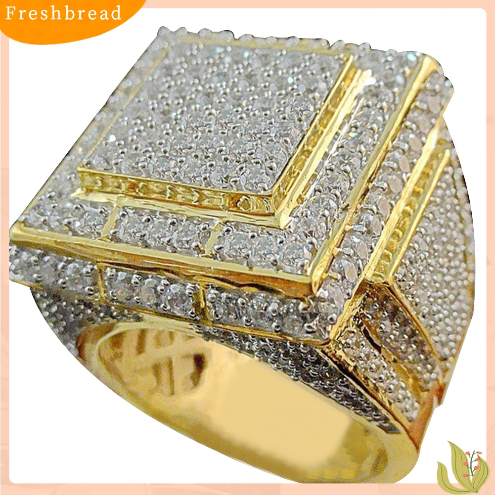 &lt; Freshbread &gt; Pria Fashion Besar Persegi Hip Hop Penuh Micro Berlian Imitasi Pave Rings Perhiasan Pernikahan