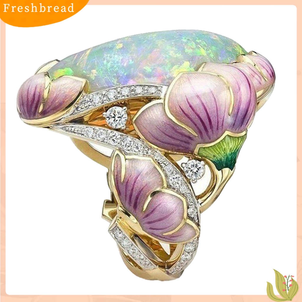 &lt; Freshbread &gt; Wanita Cincin Gaya Retro Imitasi Opal Berlian Imitasi Bertatahkan Elegan Berwarna Enamel Bunga Jari Cincin Aksesoris Perhiasan