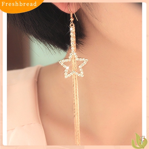 &lt; Freshbread &gt; Berlian Imitasi Wanita Pentacle Star Drop Jumbai Panjang Rantai Kait Menjuntai Anting Linear