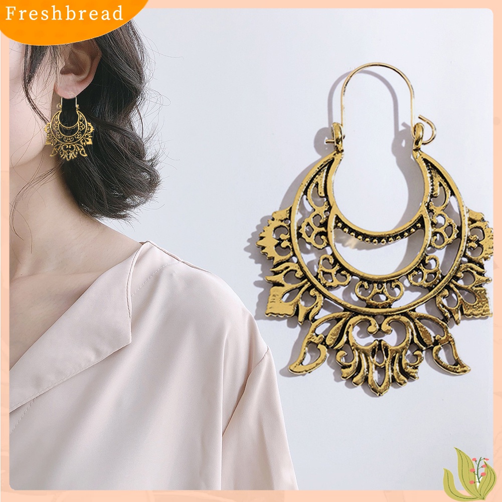 &lt; Freshbread &gt; Vintage Wanita Setengah Lingkaran Berongga Keluar Terukir Berlebihan Anting Perhiasan Hadiah