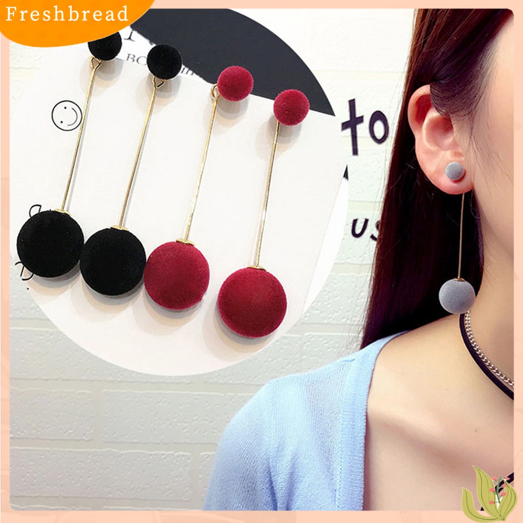 &lt; Freshbread &gt; Rantai Elegan Bola Bulu Panjang Menjuntai Anting Wanita Eardrop Earrings Perhiasan Hadiah