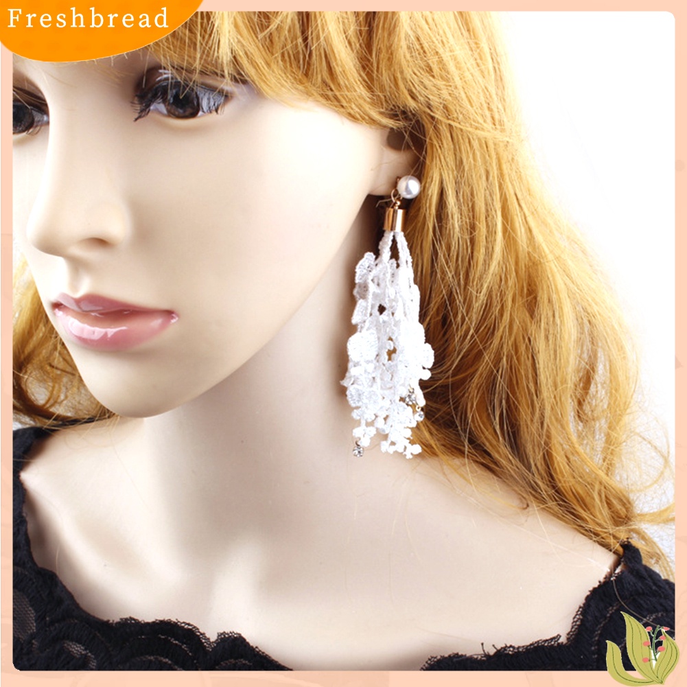 < Freshbread > Pengantin Pernikahan Renda Rumbai Berlian Imitasi Menjuntai Panjang Mutiara Imitasi Stud Anting Hadiah