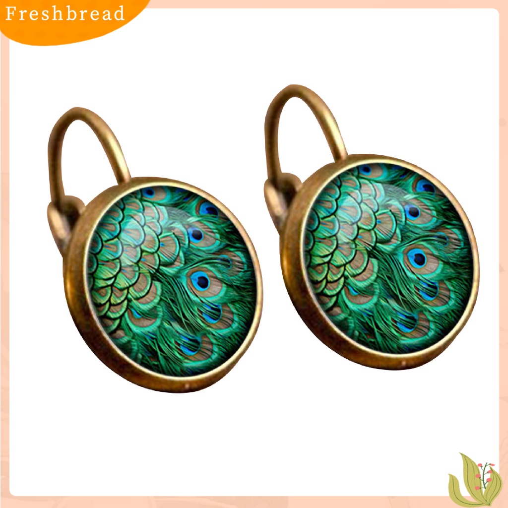 &lt; Freshbread &gt; 1pasang Anting Kaca Cabochon Menjuntai Motif Merak 2warna Anting Leaverback Vintage Untuk Hadiah