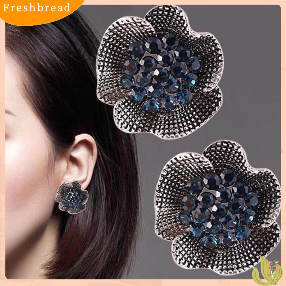 &lt; Freshbread &gt; Vintage Wanita Berlian Imitasi Hias Bunga Mawar Bentuk Stud Earrings Perhiasan Hadiah