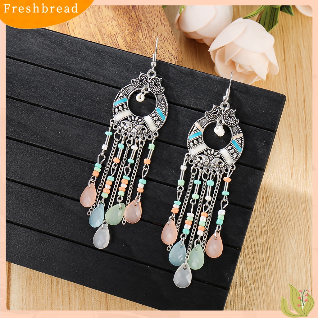 &lt; Freshbread &gt; 1pasang Gaya Etnik Pola Retro Drop Earrings Berlian Imitasi Bohemian Berongga Rumbai Kait Anting Perhiasan Pesta