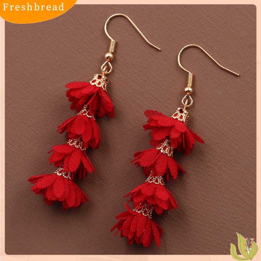 &lt; Freshbread &gt; 1pasang Tindik Multilayer Drop Earrings Kain Alloy Bunga Rumbai Kait Anting Perhiasan Hadiah