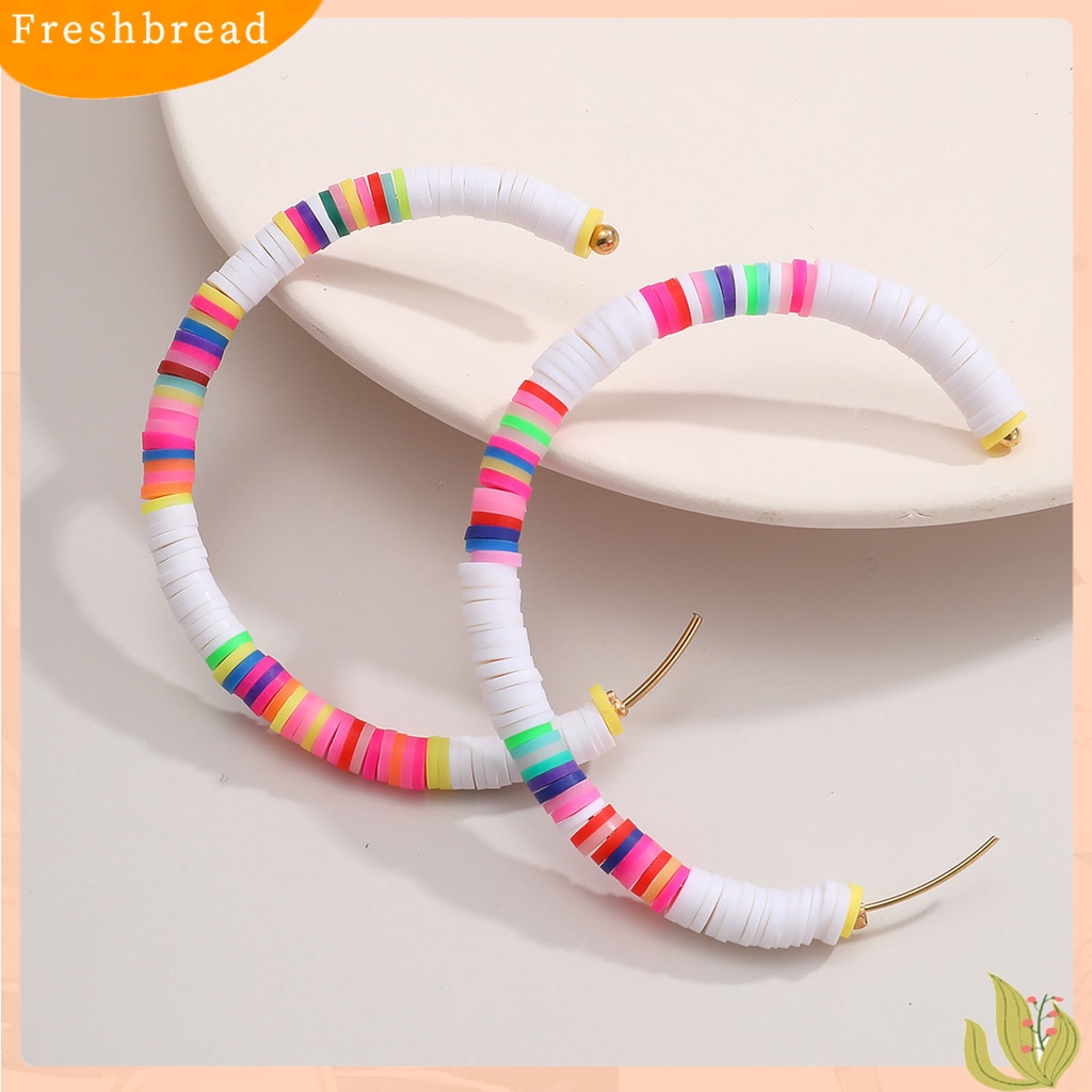 &lt; Freshbread &gt; 1pasang All-match Wanita Warna Pelangi Polymer Clay Bohemian Hoop Stud Earring Untuk Outdoor