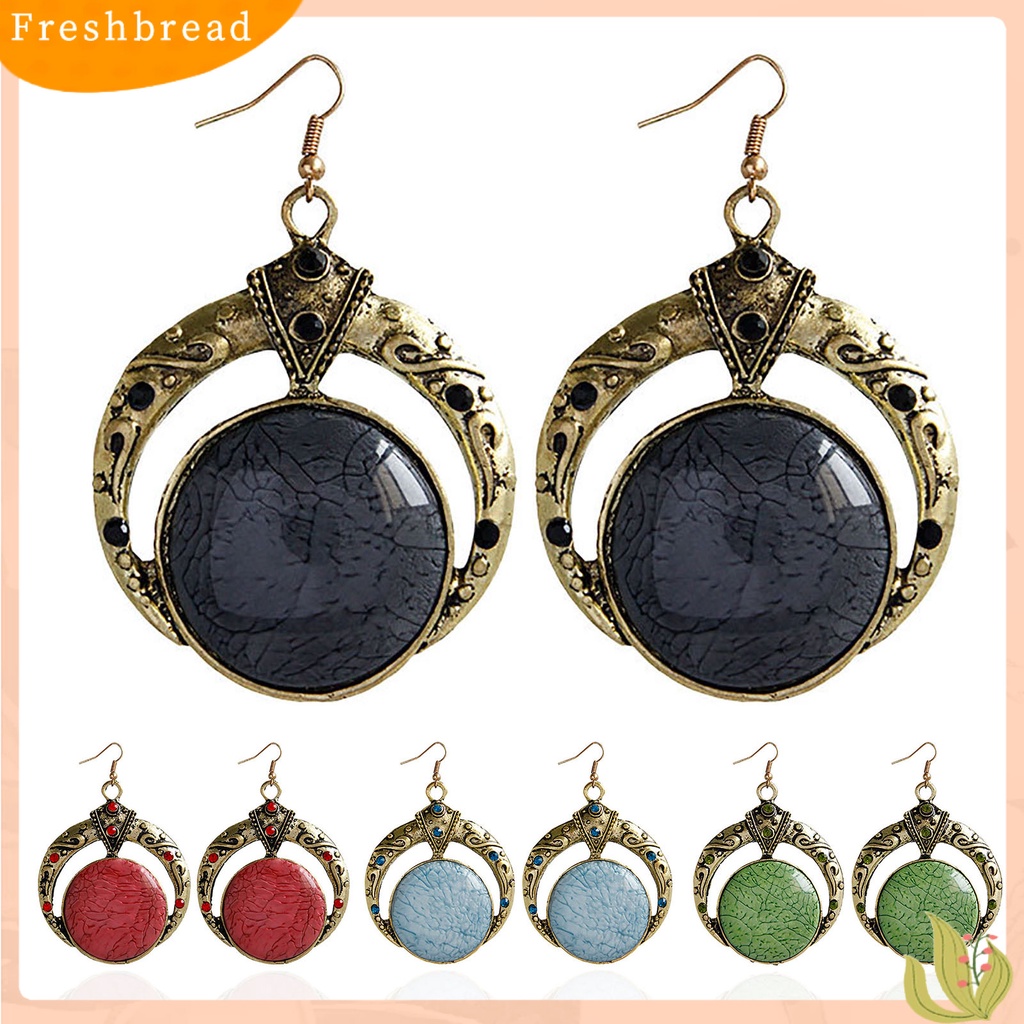 &lt; Freshbread &gt; 1pasang Berlian Imitasi Ukir Unik Dekorasi Retro Anting Bohemia Besar Bulat Menjuntai Kait Anting Perhiasan Fashion