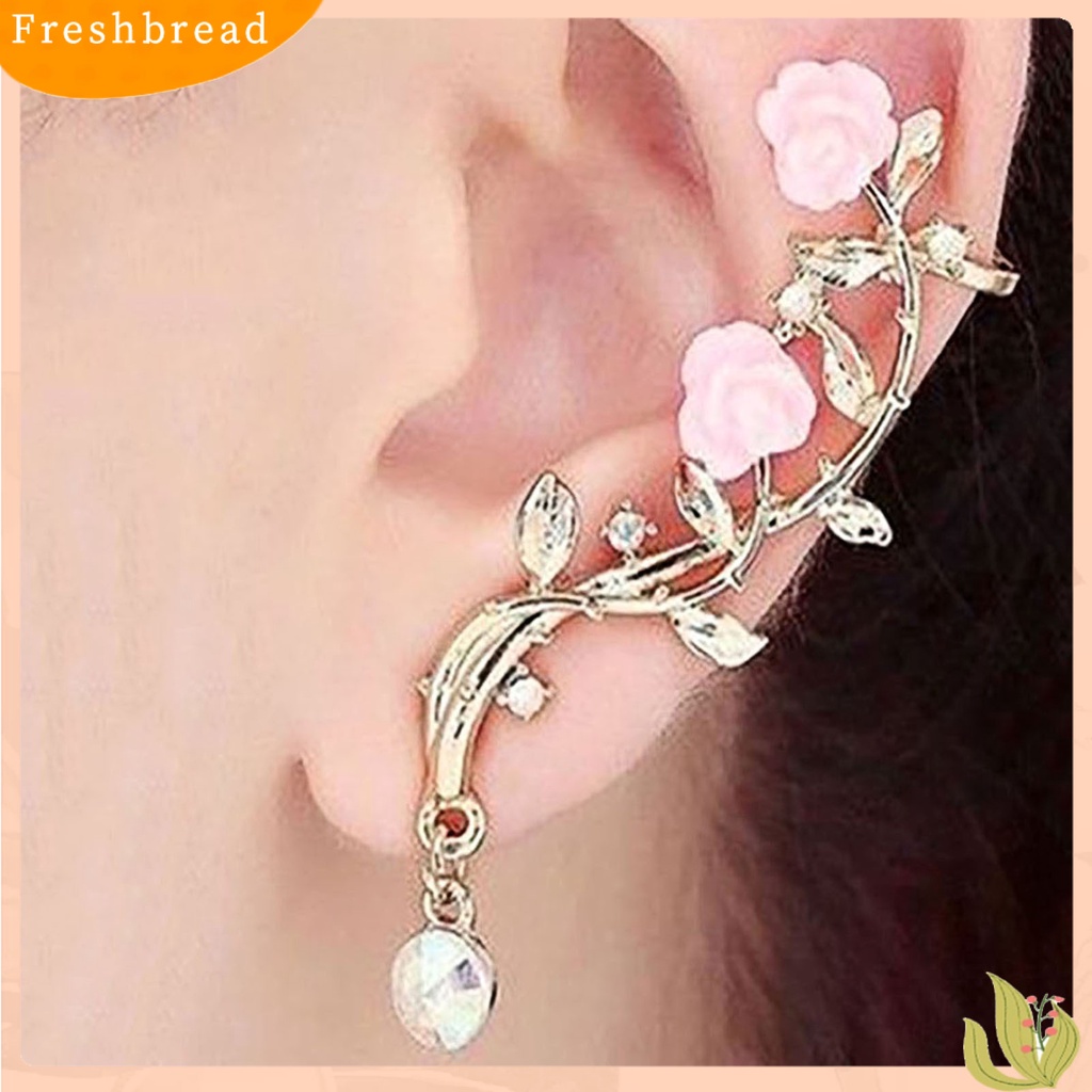 &lt; Freshbread &gt; 1pasang Berlian Imitasi Bersinar Tindik Telinga Studs Bunga Mawar Cabang Cuff Earrings Fashion Jewelry