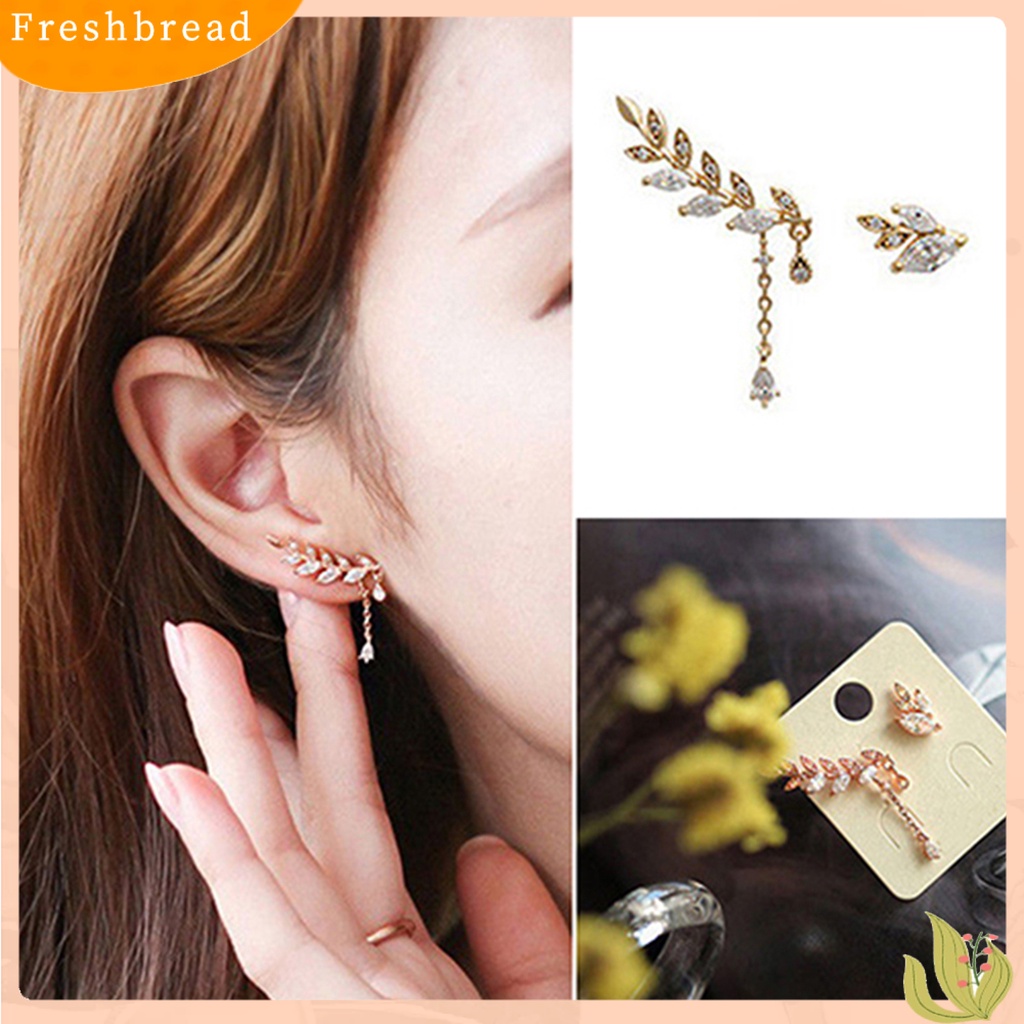 &lt; Freshbread &gt; Ear Studs Asimetris Anti Karat Wanita Daun Berlian Imitasi Anting Rumbai Untuk Pernikahan