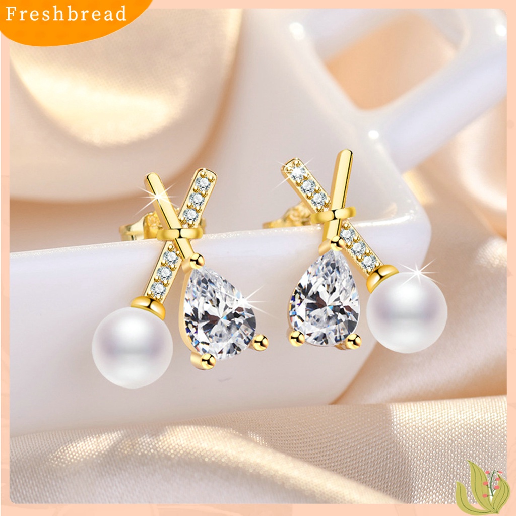 &lt; Freshbread &gt; 1pasang Ear Studs X Shaped Shining French Style Rhinestone Hias Dekorasi High Gloss Tidak Teratur Faux Zircon Pearl Women Earrings Untuk Pesta