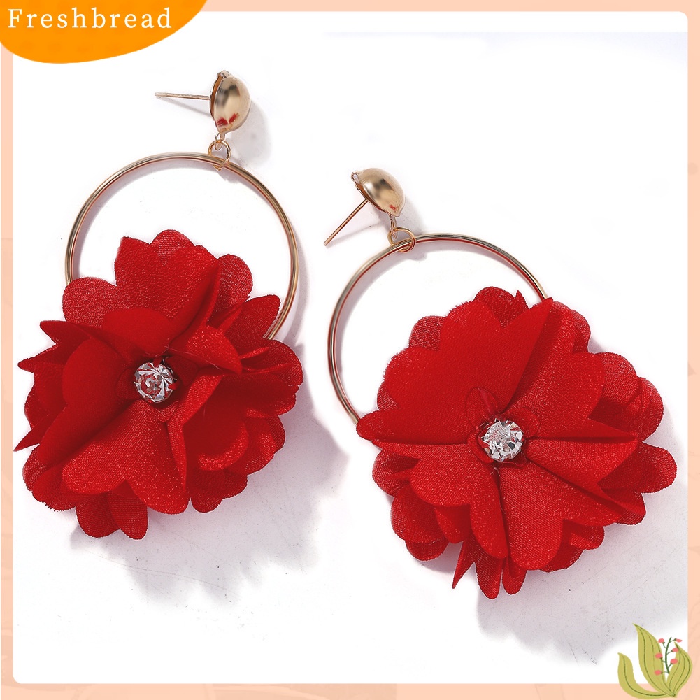 &lt; Freshbread &gt; Fashion Wanita Berlian Imitasi Bunga Bulat Menjuntai Ear Drop Earrings Perhiasan Hadiah