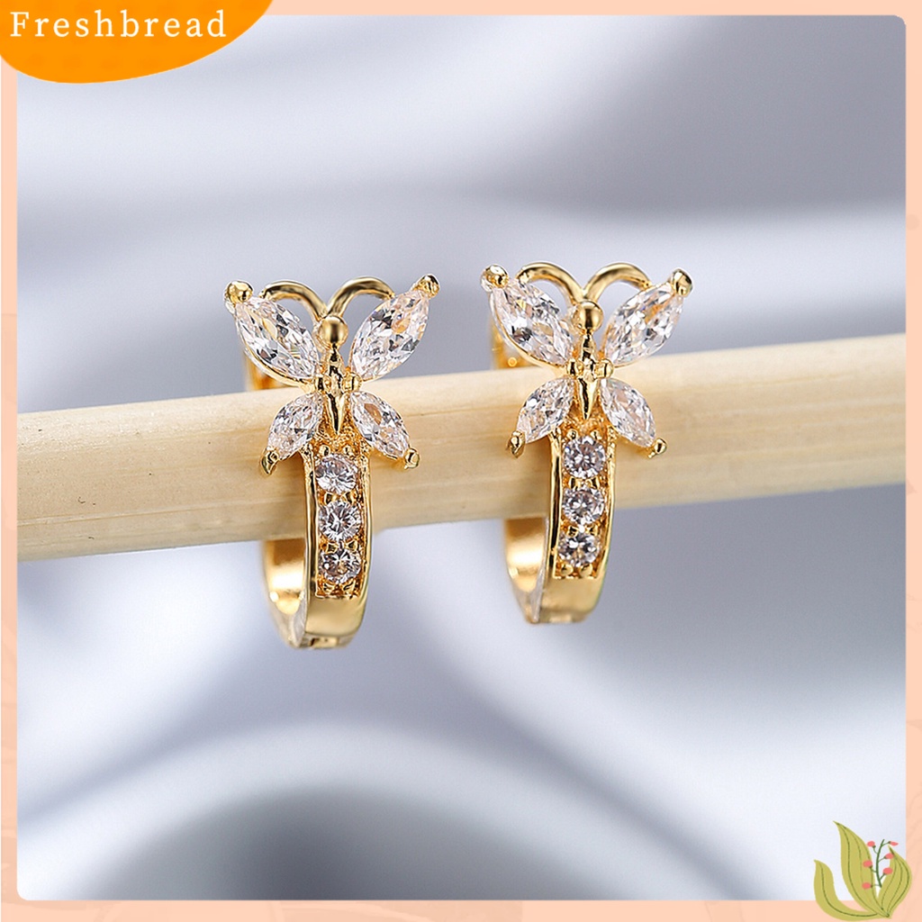 &lt; Freshbread &gt; 1pasang Anting Hoop Vintage Pendek Gaya Pastoral Shiny Cubic Zirconia Hias Valentine Hadiah Wanita Butterfly Shaped Menjuntai Anting Perhiasan Gadis