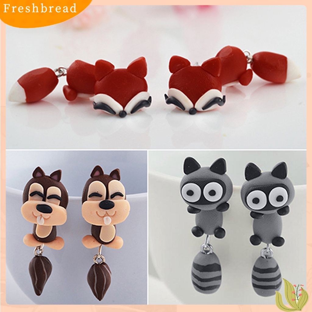 &lt; Freshbread &gt; Anting Tusuk Bentuk Kartun Hewan Polymer Clay Handmade Ear Studs Untuk Pesta