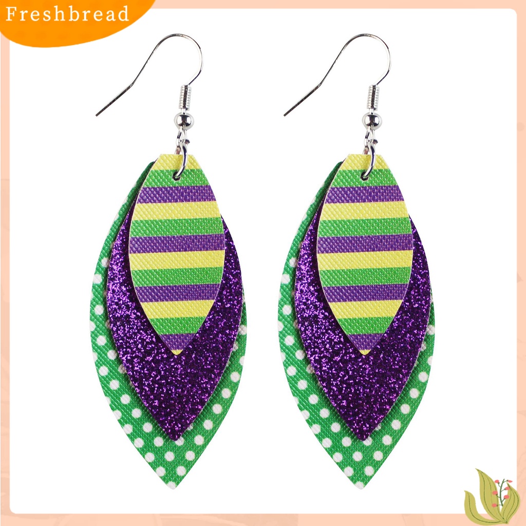 &lt; Freshbread &gt; 1pasang Anting Kait Warna-Warni Glitter Teardrop Berbentuk Daun 3lapisan Kulit Imitasi Menjuntai Anting Perlengkapan Karnaval