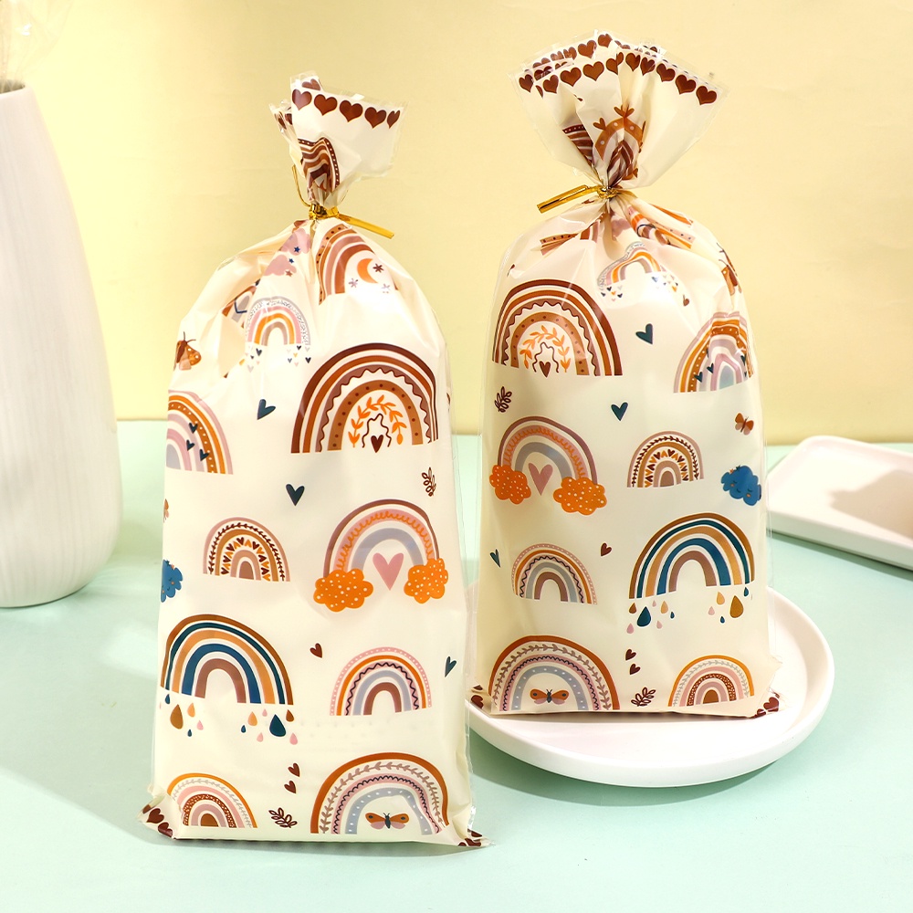 50 Pcs Dengan Dasi Pelangi Kantong Plastik Snack Cookie Candy Bag Motif Bohemian Dekorasi Meja Ulang Tahun Pernikahan Party Decor Kekinian Packaging Bags Perlengkapan Pesta