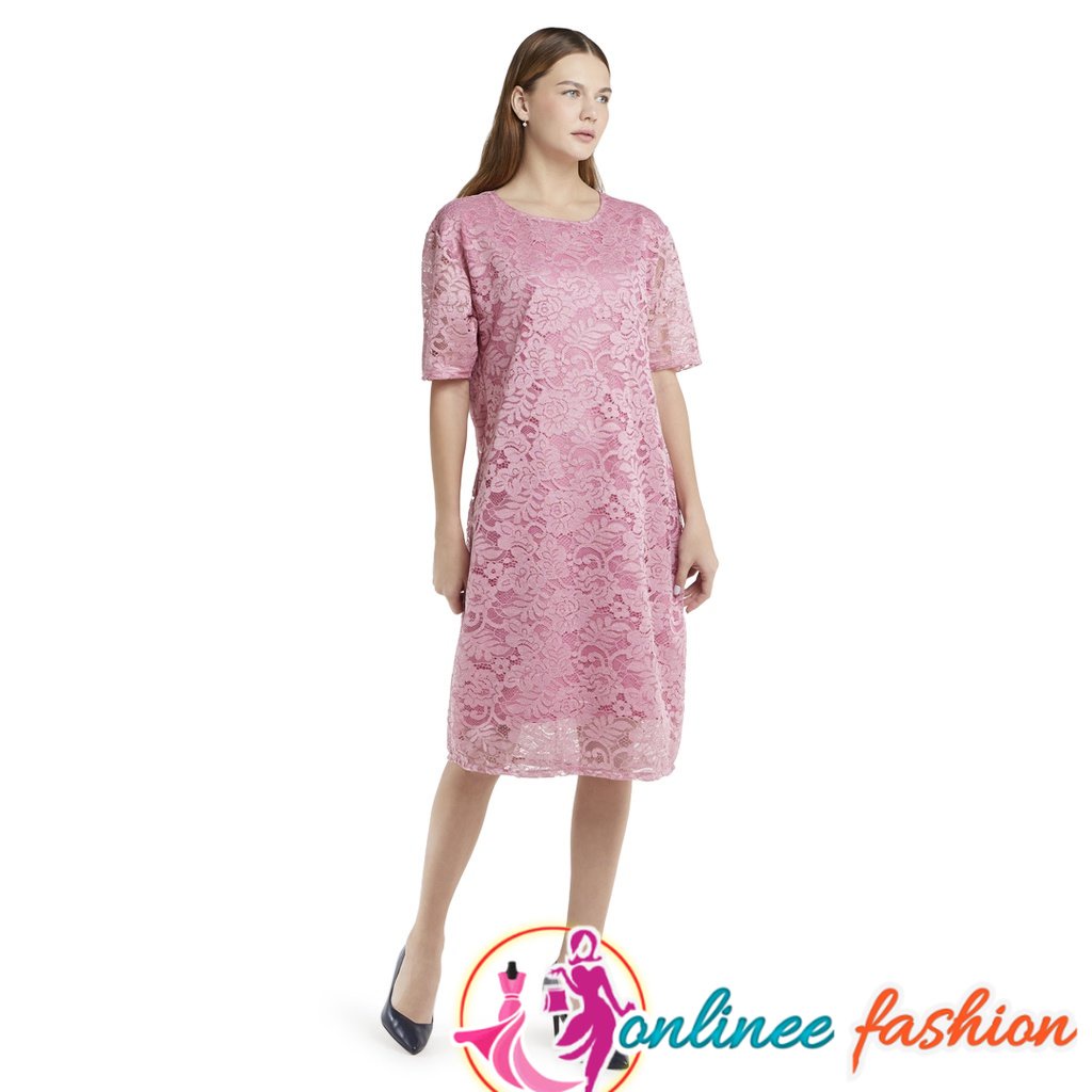 Midi Dress Jumbo Korea Casual Cintari Pink Dres Wanita Lengan Pendek Brokat lapis furing