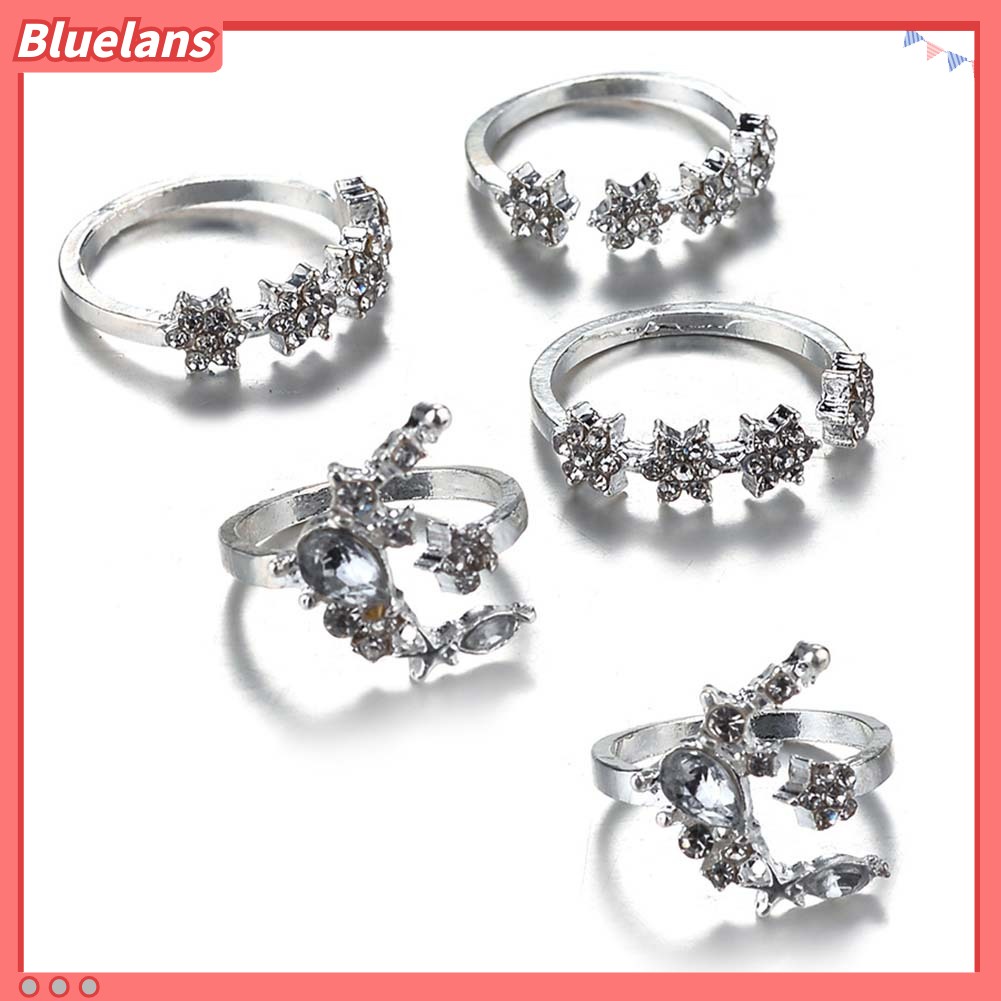 {In Stock} 5Pcs/Set Fashion Wanita Berlian Imitasi Hias Bulan Bintang Bunga Susun Midi Cincin