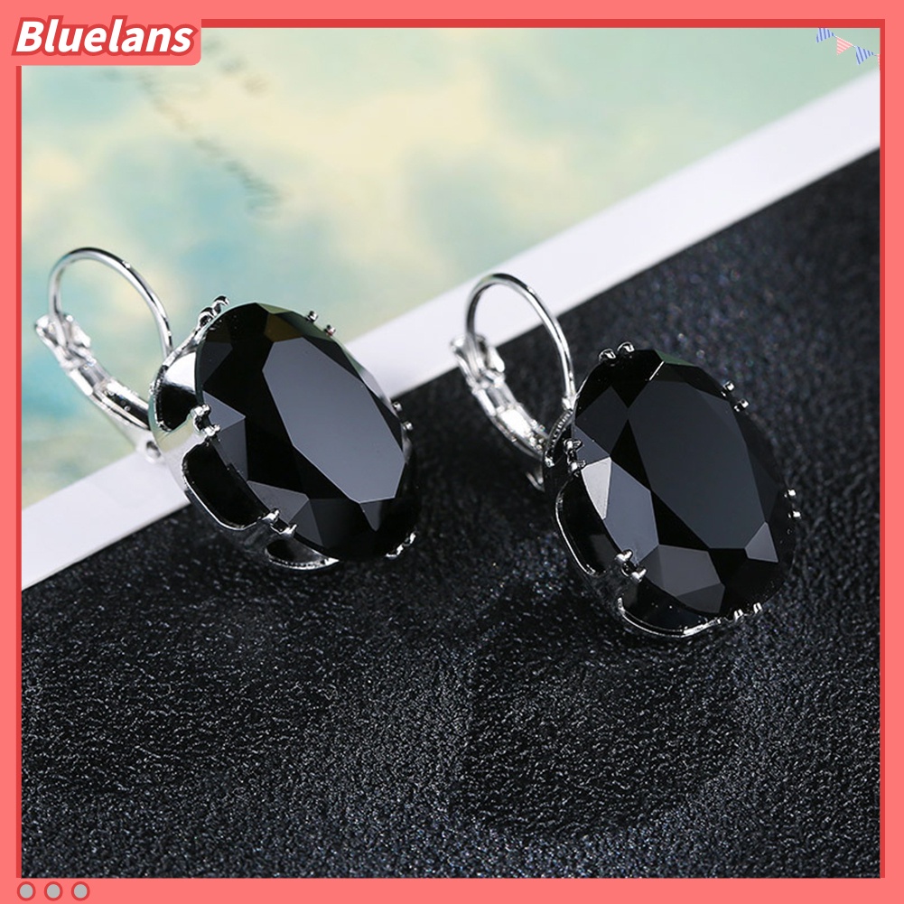 {In Stock} Elegan Wanita Oval Batu Permata Imitasi Hias Menjuntai Leverback Earrings Perhiasan Hadiah