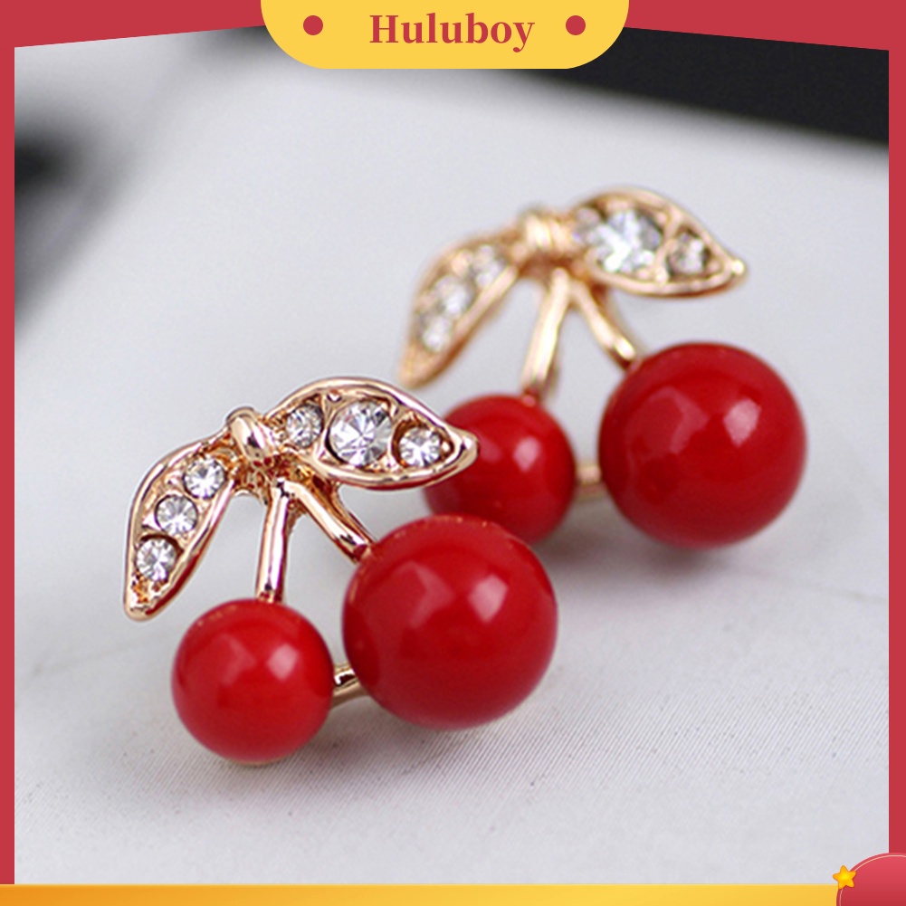{Ready Stock} Wanita Merah Cherry Bening Berlian Imitasi Telinga Studs Beads Golden Alloy Leaves Earrings
