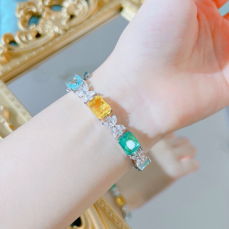 Goldkingdom Fashion Perhiasan Aksesoris Ready Stock Warna Pelangi Gelang Wanita Mewah Gula Laut Biru Berlian Kuning Paraiba Bertatahkan Gelang Warna-Warni