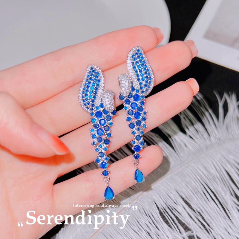 Goldkingdom Fashion Perhiasan Aksesoris Ready Stock Türkiye Anatolia Desain Industri Berat Berlian Biru Super Flash Anting Wajah Panjang Slim Zirkon Perak Jarum Anting