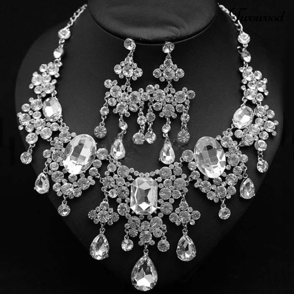 Twowood 2Pcs/Set Shiny Full Rhinestone Tassel Bridal Statement Bib Kalung Anting