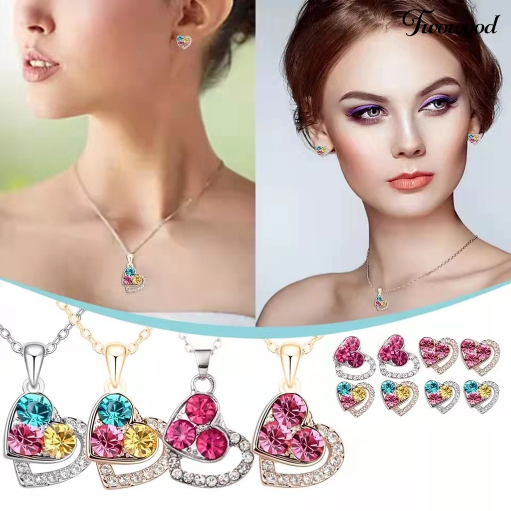 Twowood 1set Wanita Set Perhiasan Shiny Colorful Full Rhinestones Geometris Berkilau Hias Hadiah Anniversary Cinta Bentuk Hati Liontin Kalung Stud Anting Set Aksesori Fashion