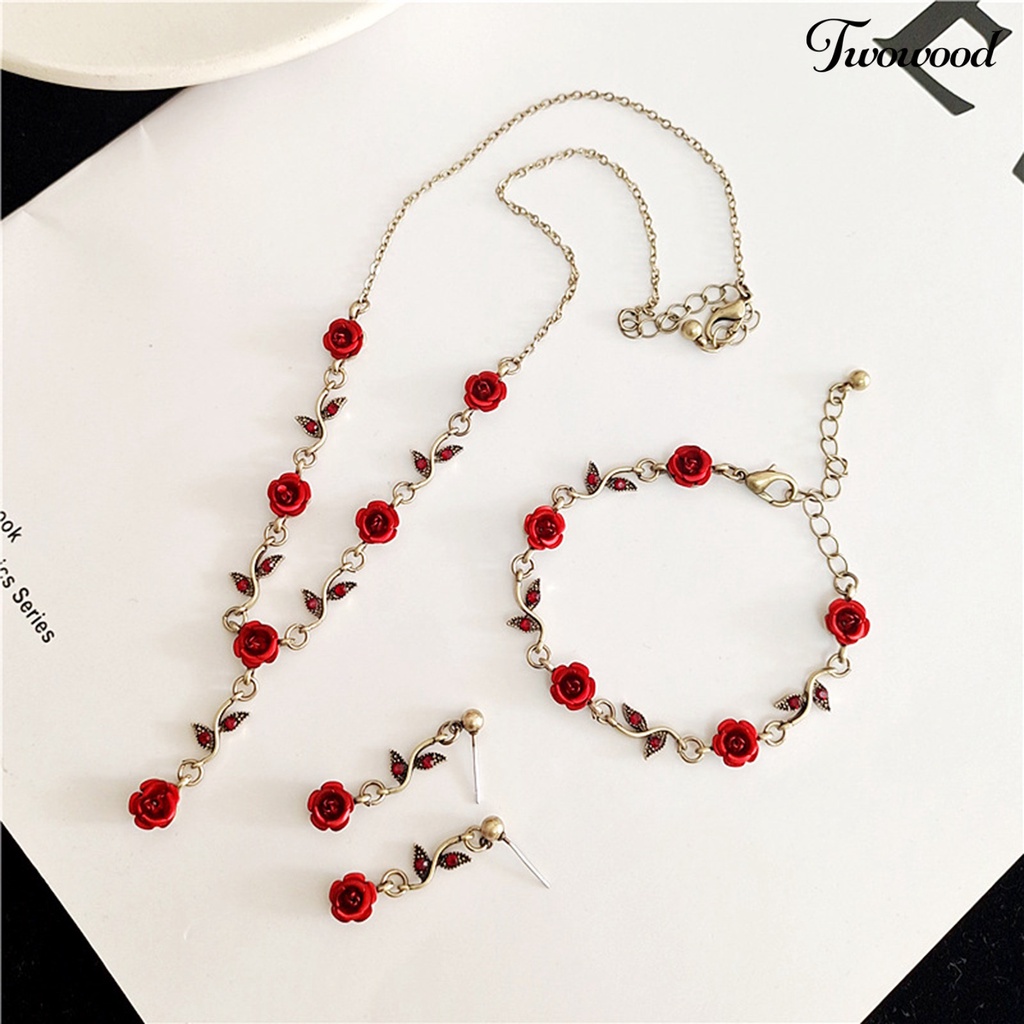 Twowood 1set Wanita Rose Kalung Gaya Perancis Retro Elegan Rantai Emas Peri Hadiah Adjustable Bunga Merah Gelang Stud Anting Kit Perhiasan Aksesoris