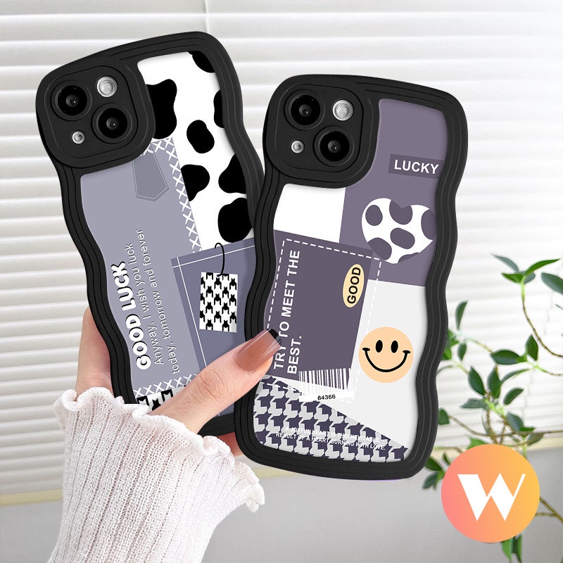 IPHONE Casing Motif Leopard Tepi Bergelombang Kompatibel Untuk Iphone7 8 6s 6 14 Plus 11 13 12 14 Pro Max 7Plus X XR XS Max SE 2020 Splicing Smlile Houndstooth Soft Tpu Back Cover