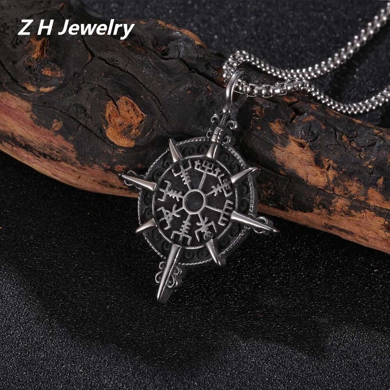 [Z H Perhiasan] Vintage Viking Hip Hop Rune Jimat Salib Liontin Pria Dan Wanita Fashion Stainless Steel Kalung Punk Pesta Rock Perhiasan Aksesoris