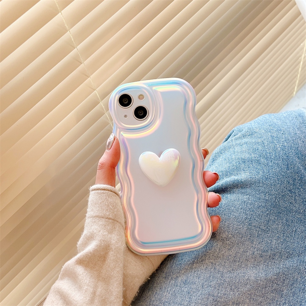 IPHONE Casing Ponsel Laser Hati Cinta 3D Lucu Untuk Iphone14 13 12 11 Pro Max X XR XS Max 13 Pro Bergaya Aurora Motif Gelombang Shockproof Cover