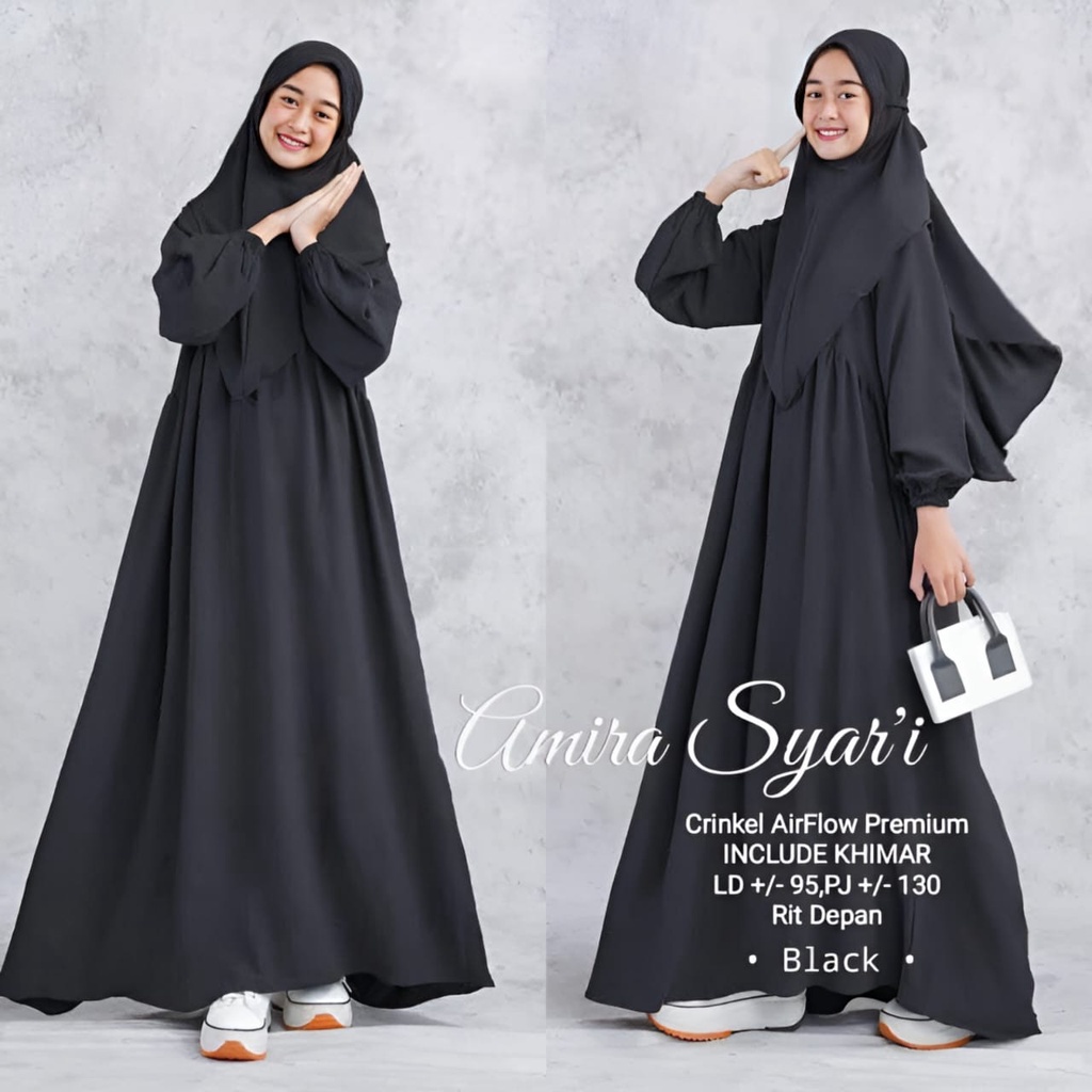 Amira Dress Muslim Anak Perempuan Matt Cringkle Airflow Polos Basic Fit To XL Besar OOTD Gamis Syarii Premium