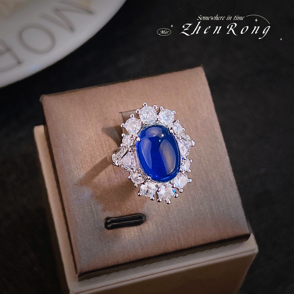 Goldkingdom Fashion Perhiasan Aksesoris Ready Stock French Retro Polos Royal Blue Permata Cincin Berlian Imitasi Penuh Es Kuning Berlian Cincin Gadis