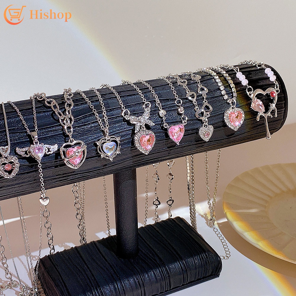 Kalung Rantai Silver Sweet Pink Zircon Bow Wing Butterfly Heart Key Pendant Choker Untuk Perhiasan Aksesoris Wanita