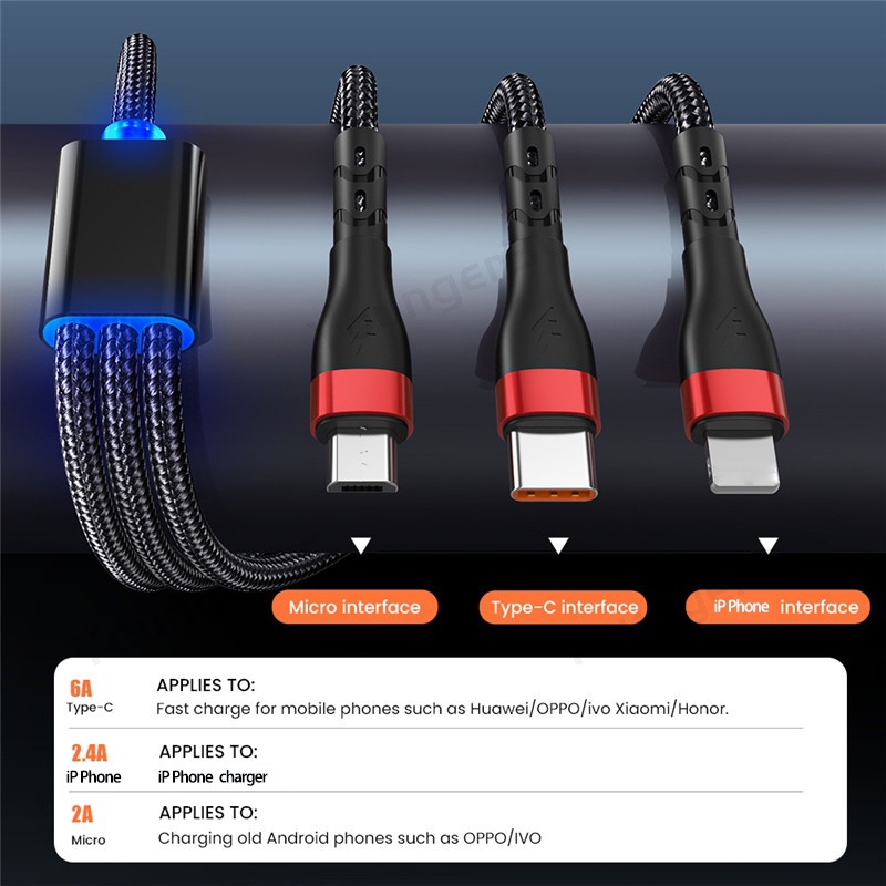 6a Kabel Charger Super Cepat Dengan Lampu Indikator Nylon Braided Data Line 3in1 Kabel USB Ke ios Android type C Untuk Ponsel