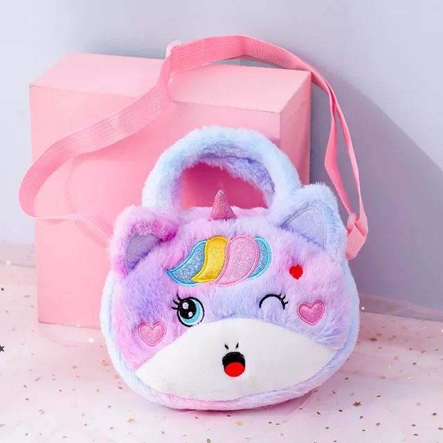 Tas Selempang Unicorn Anak Bulu Halus Sling Bag Bundar Pegangan Cewek