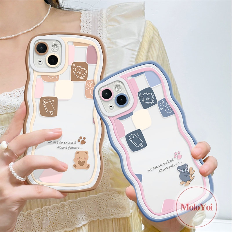 IPHONE Casing Ponsel Kompatibel Untuk Iphone11 6s 7 8 6 14 Plus 13 14 12 Pro MaxX 7Plus XR XS Max SE 2020 Lucu Kartun Beruang Pasangan Wavy Edge Soft Tpu Plaid Ice Cream Cover