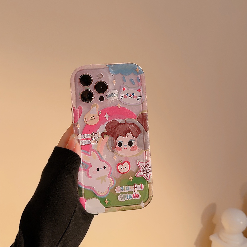 IPHONE Ins Lucu Headphone Rainbow Girl Kartun Silikon Case Untuk Iphone14 11 12 13 PRO MAX Casing Cover Pelindung AT0161